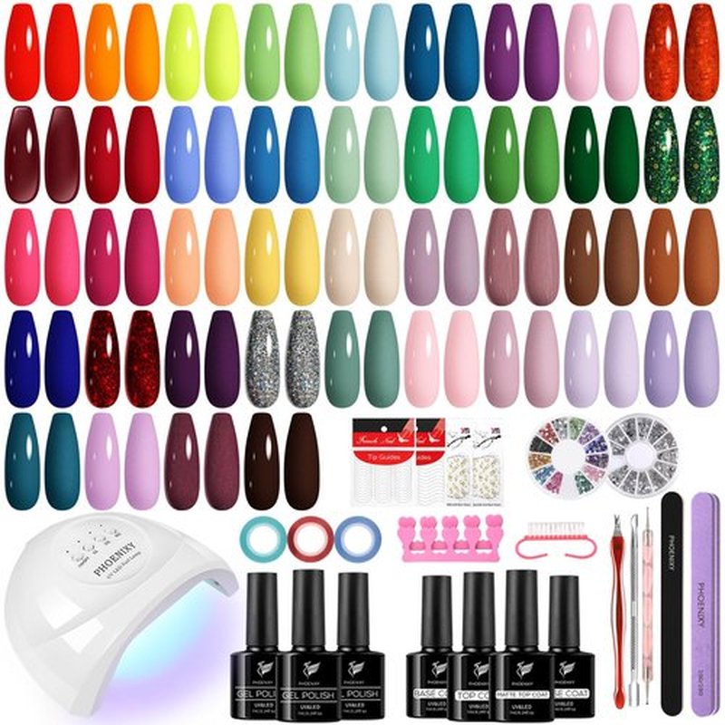 PHOENIXY 61 PCS Gel Nail Polish Kit with U V LED Light, 40 Colors Gel Nail Polish Set with 48W U V LED Nail Lamp Manicure Starter Gel Nail Kit Base Top Coat Gifts for Women SS9010