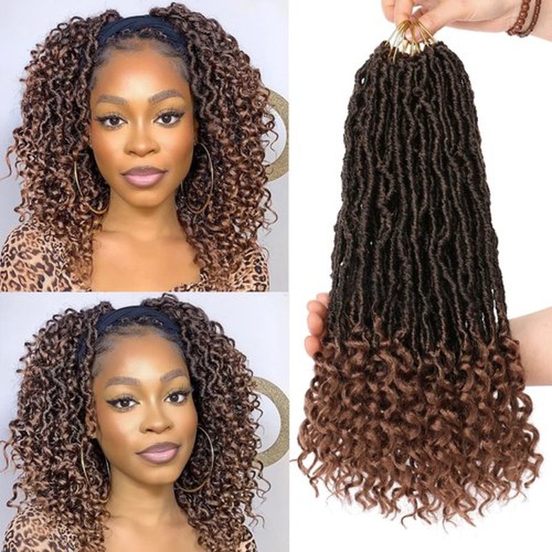 Leeven 14 Inch New Faux Locs Crochet Hair With Curly Ends 84 Strands Ombre Brown Bohemian Goddess Locs Crochet Hair 7 Packs Synthetic Wavy Soft Locs Crochet Hair for Black women T30#
