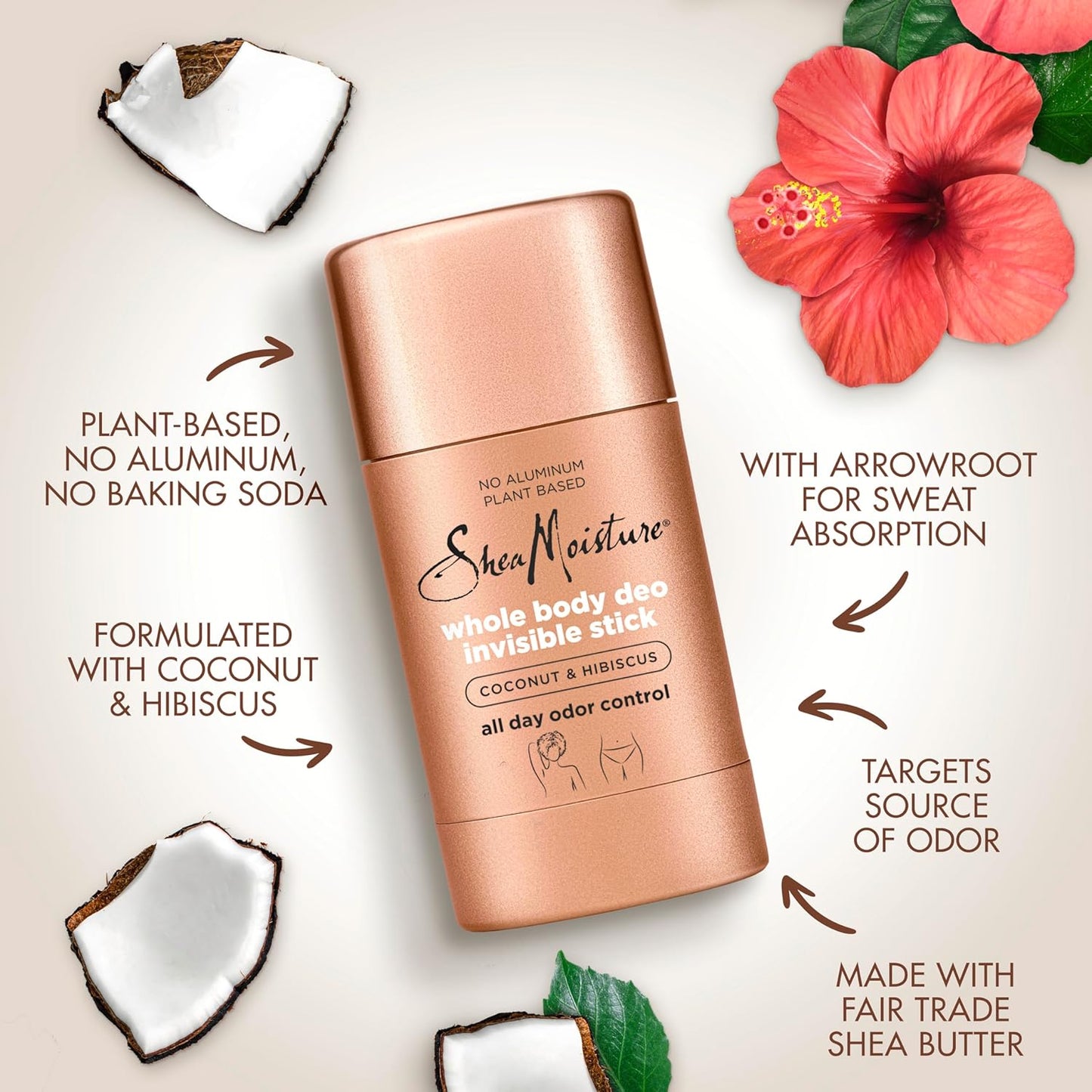 SheaMoisture Invisible Deo Stick Coconut & Hibiscus 3count Whole Body Plant Based, No Aluminum 2.6 oz