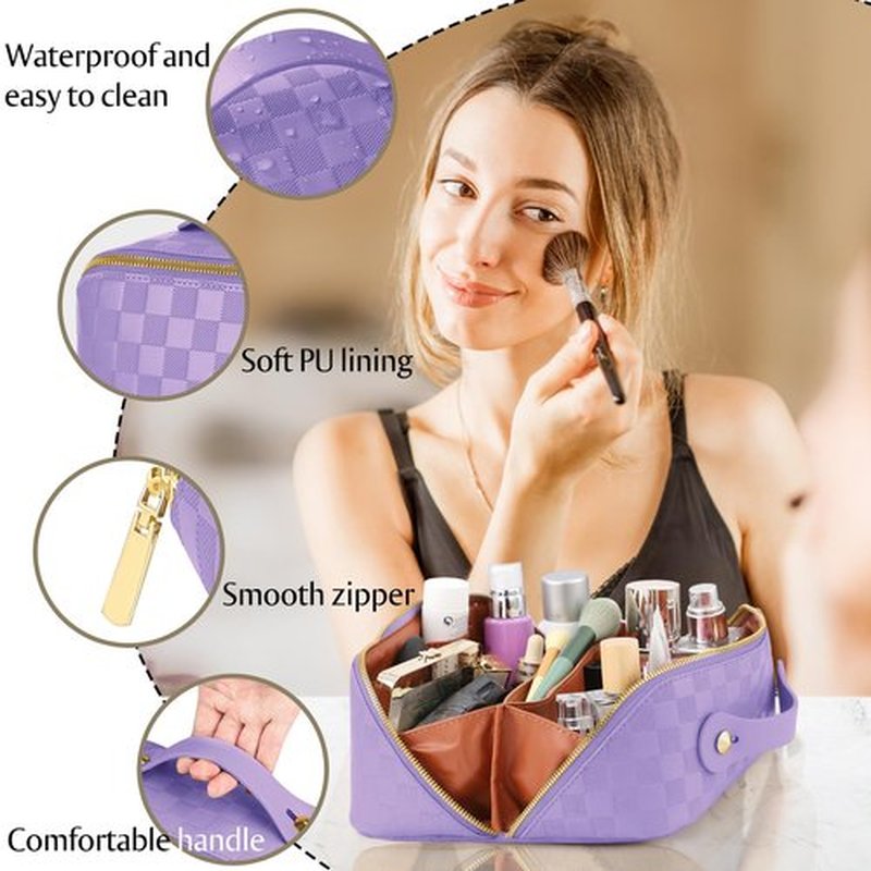 ALEXTINA Travel Makeup Bag, Vegan Leather Large Capacity Cosmetic Bags for Women,Waterproof Portable Pouch Open Flat Toiletry Bag Makeup Bag Organizer with Fixed Divider, Purple