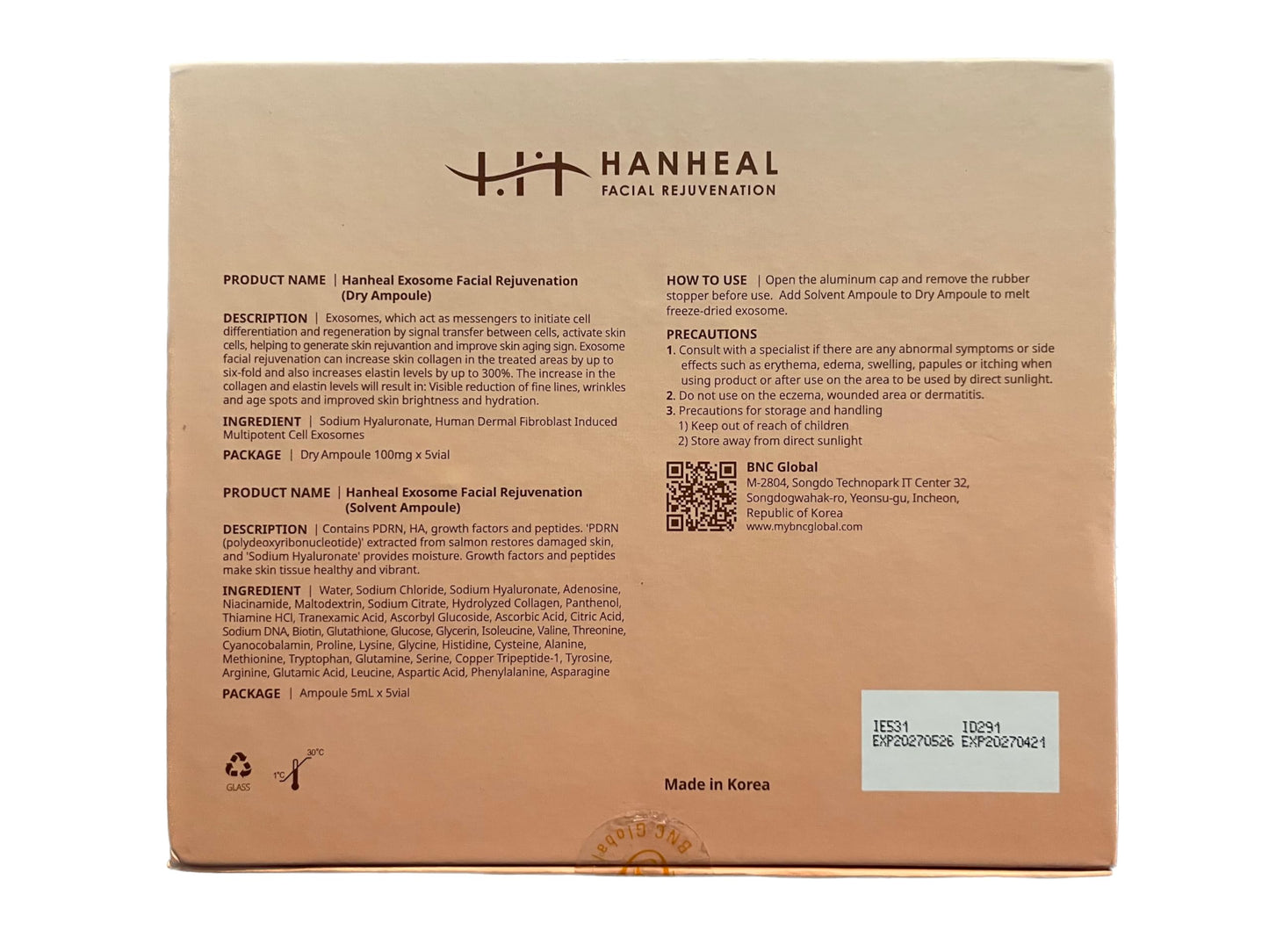 Hanheal Facial Exosome Skin Booster Ampuole, with Exosomes, Peptides, HA, & PDRN, Made in Korea, (5ml x 5 + 100mg x 5)