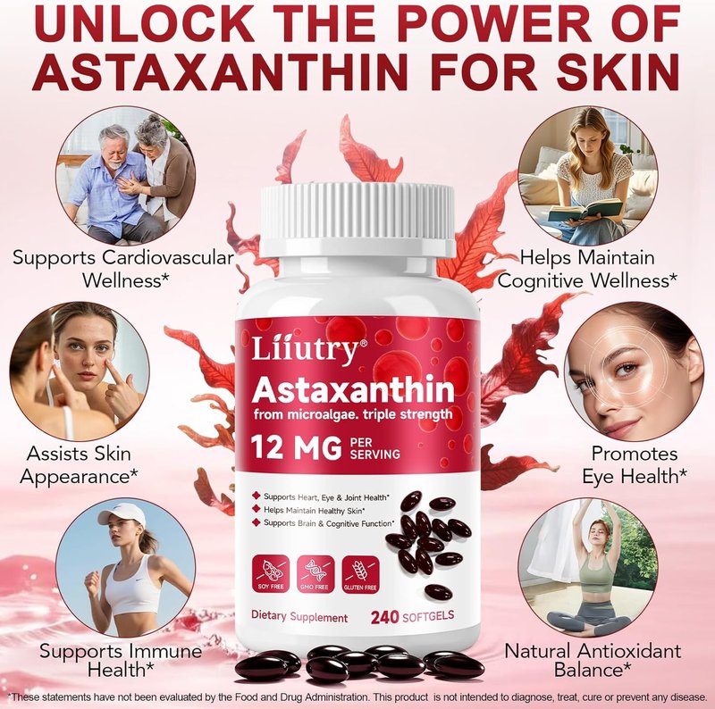 Astaxanthin 12mg Softgels - Premium Antioxidant Supplement for Eye, Skin & Immune Health | 240 Count