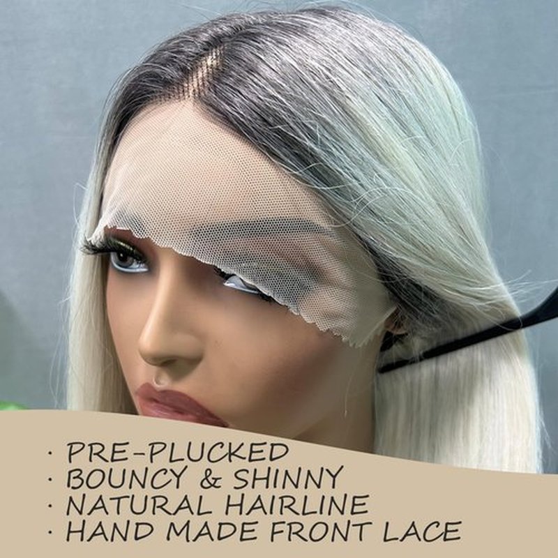 SOKU White Grey Lace Front Wigs with Black Roots 32 Inch Long Straight Ombre Grey Lace Frontal Wigs Pre Plucked Middle Part HD Transparent Lace Silky Straight Synthetic Wigs for Women Girls