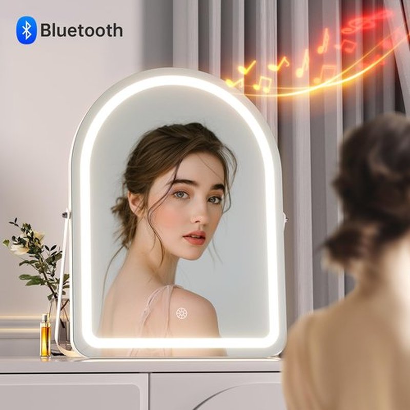 Hasipu Vanity Mirror with Lights and Bluetooth Speaker, 13.8"× 18" Arched LED Makeup Mirror, Lighted Makeup Mirror with Lights, Smart Touch Control Dimmable 3 Modes Light 360°Rotation White