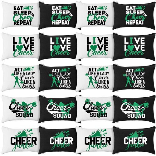 Pinkunn 20 Pcs Cheer Makeup Bags Bulk Cheerleader Gifts for Women Canvas Cheer Cosmetic Pouch Toiletry Zipper Makeup Case Cheerleading Portable Travel Pouch Cheer Team Accessories(Green)