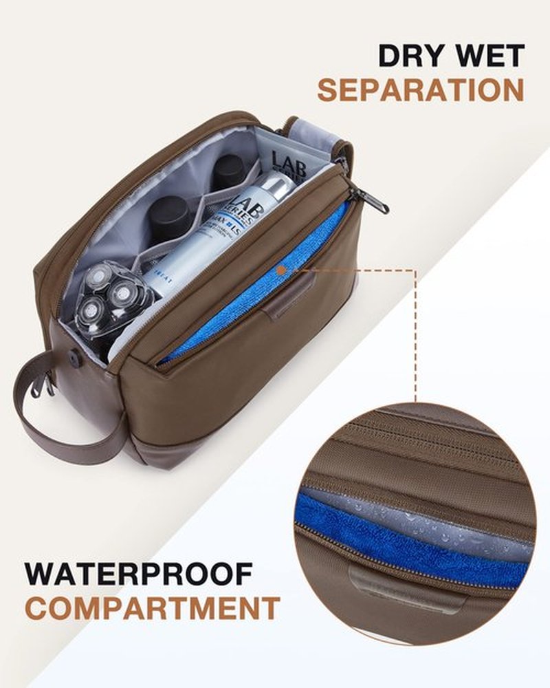 BAGSMART Toiletry Bag for Men, Large Travel Toiletry Organizer, Dopp Kit Water-resistant Shaving Bag for Toiletries Accessories - Brown