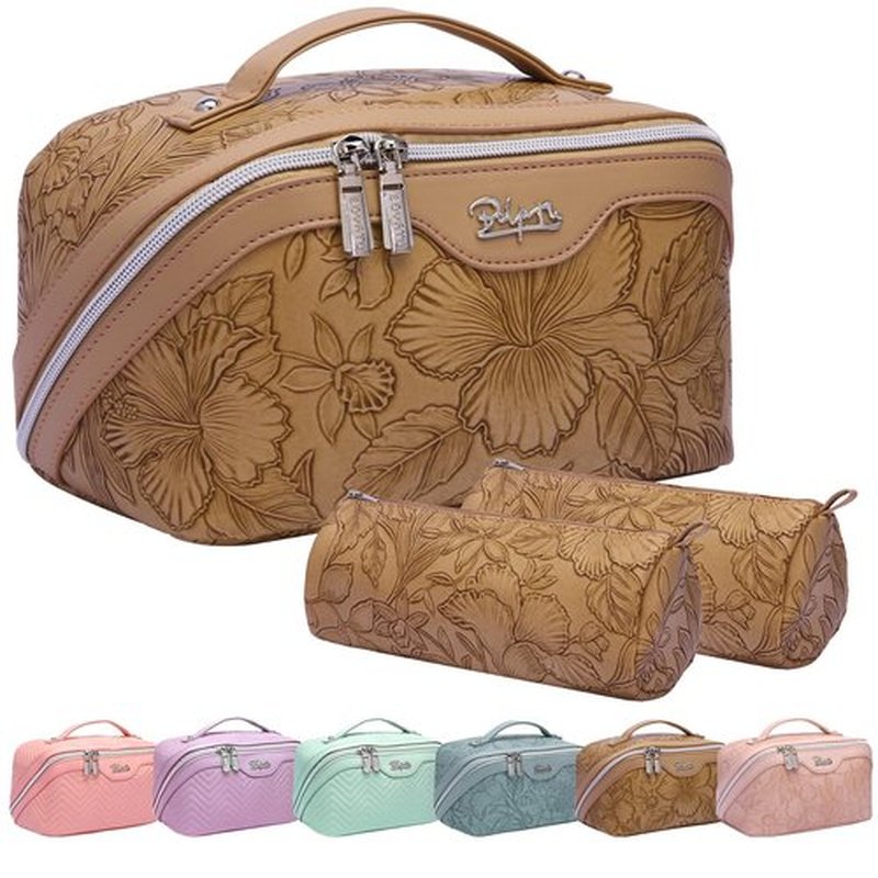 Travel Makeup Bags Cosmetic Organizer Bag: 3-Set Large Capacity Make up Bag - PU Leather Toiletry Bag for Women - Wide Open Portable Pouch with Divider & Handle (01-Z-Brown)
