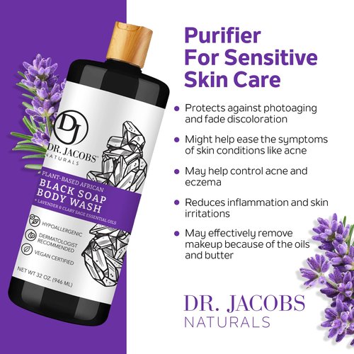 Dr Jacobs Naturals Authentic African Black Liquid Soap with Lavender & Sage Scent | All-In-One Face Wash, Sensitive Skin Body Wash, Shampoo, Shaving Soap | Moisturizing and Nourishing Formula 16oz 2pk