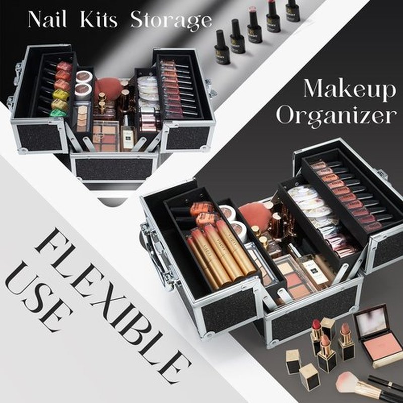FRENESSA Makeup Organizer Case Portable Train Case Cosmetic Box 4 Trays Makeup Storage Case with Lockable for Women Makeup Artist, Makeup Tools, Nail Kits Makeup Travel Case Black