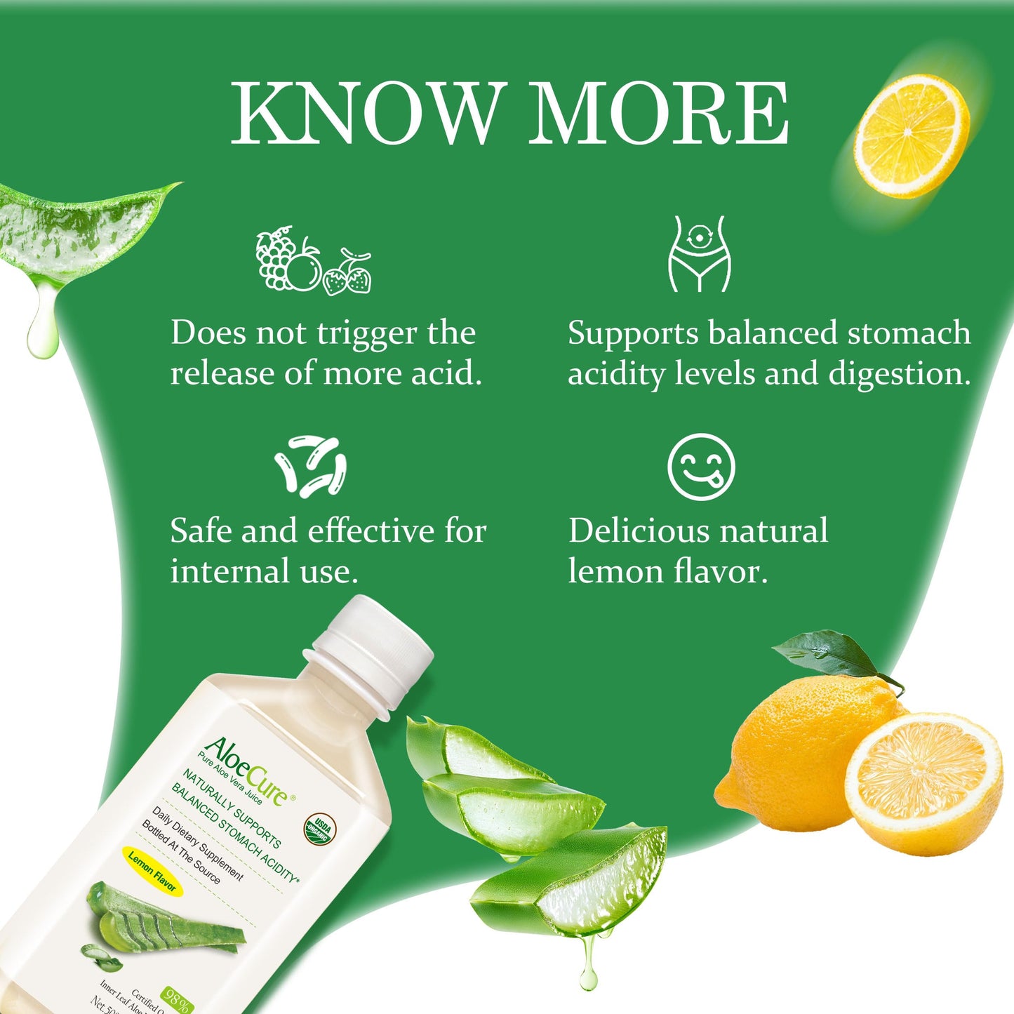 AloeCure USDA Organic Aloe Vera Juice Lemon Flavor - Made Within 12 Hours of Harvest - Natural Digestive Supplement for Balanced Stomach Acidity - Support Digestive and Immune Health - 1 Btl x 16.7oz