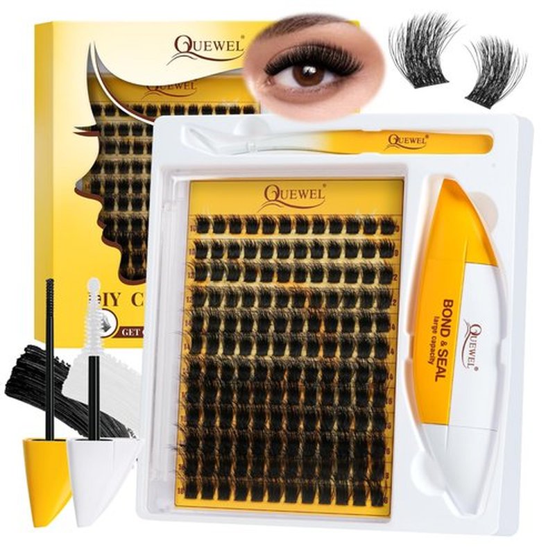 QUEWEL DIY Lash-Extension Kit, 144 Pcs Lash-Clusters Kit 10-18mm DIY-Eyelash-Extension Kit with 16ml Lash Bond and Seal Lash Applicator for Beginners at Home (3D Honey01-MIX10-18 Kit)