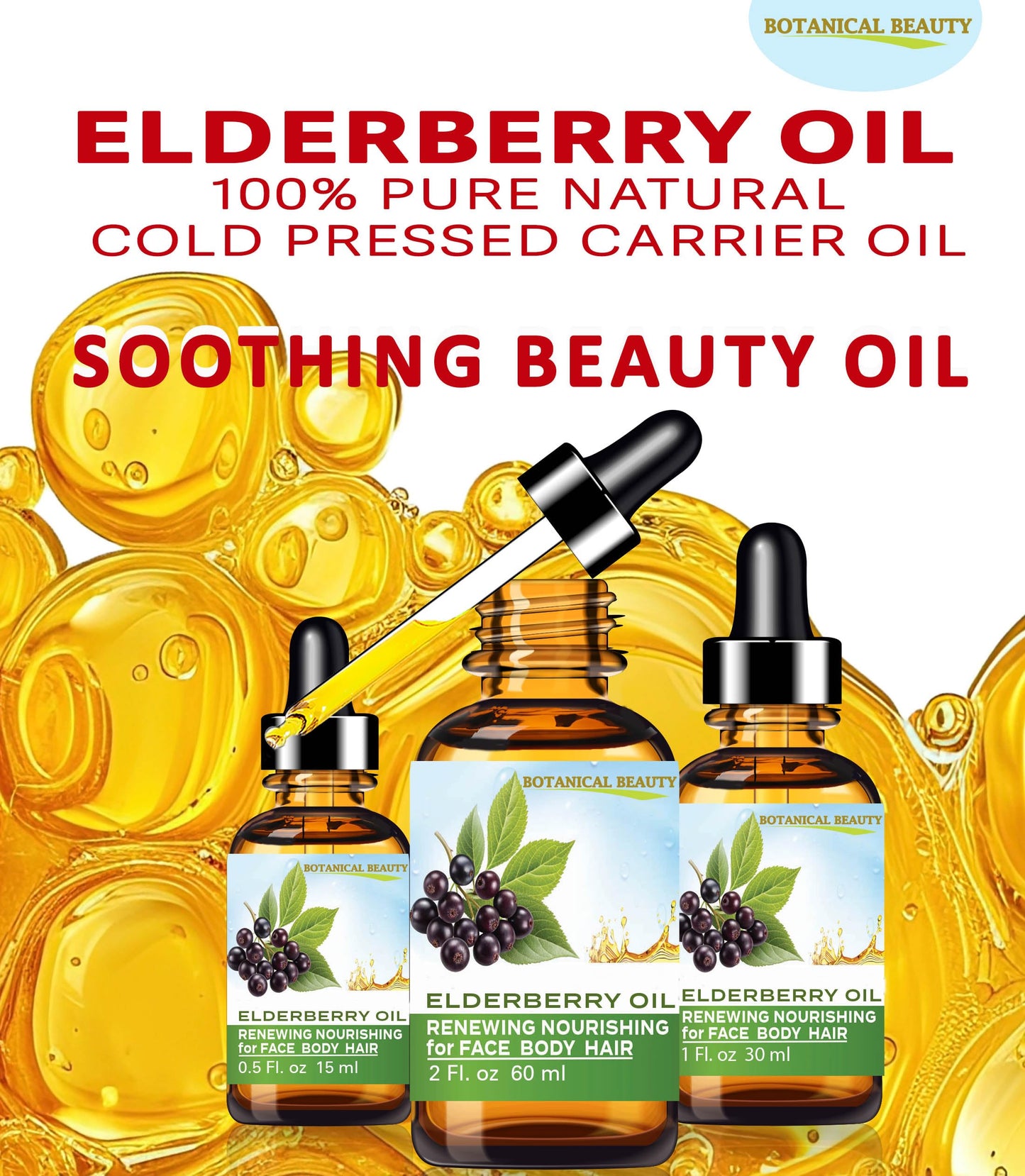 Botanical Beauty ELDERBERRY OIL Sambucus Nigra 100% Pure Natural Virgin Unrefined Cold Pressed Carrier Oil 0.5 Fl. Oz.- 15 ml for Face, Skin, Hair, Nails, Moisturizing. Rich in Vitamin E