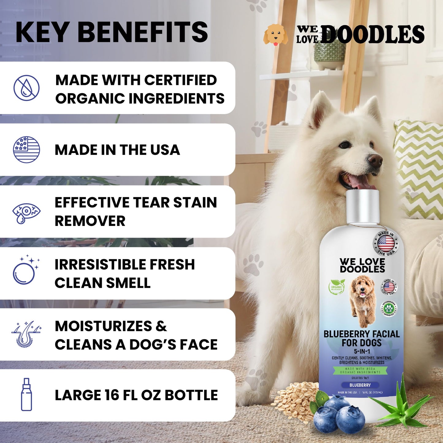 Blueberry Facial Dog Shampoo - Dog Tear Stain Remover, Brightens & Whitens Coat, Cleans & Deodorizes, Tearless, 16:1 Concentrated, 16 oz [We Love Doodles]