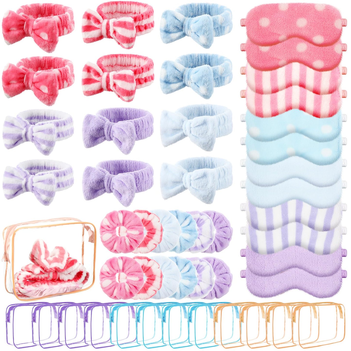 Kajaia 48 Pcs Sleepover Party Supplies for Girls Slumber Party Supplies for Women Spa Headband Favor Mask Scrunchies Bag(Macaron,Sweet)