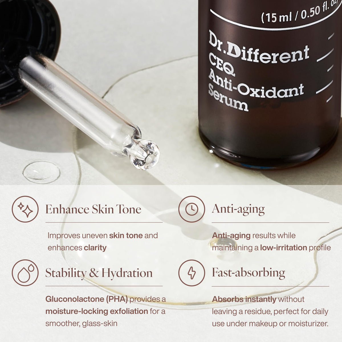 Dr.Different CEQ Anti-Oxidant Serum | Vitamin C Serum For Face with Vitamin E & CoQ10 | Tone-Evening & Anti-Aging Serum for Dark Spots, Fine lines & Wrinkles | Korean Skincare | 0.5 fl oz, 15ml