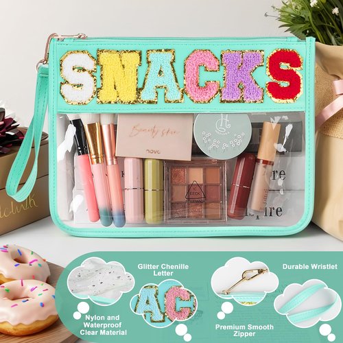 TESAFNG Snack Bag for Travel - Clear Chenille Varsity Letter Flat Pouch with Zipper, Waterproof Clear PVC&PU Preppy Patch Makeup Cosmetic tote Bags for Women (Green-Snacks)