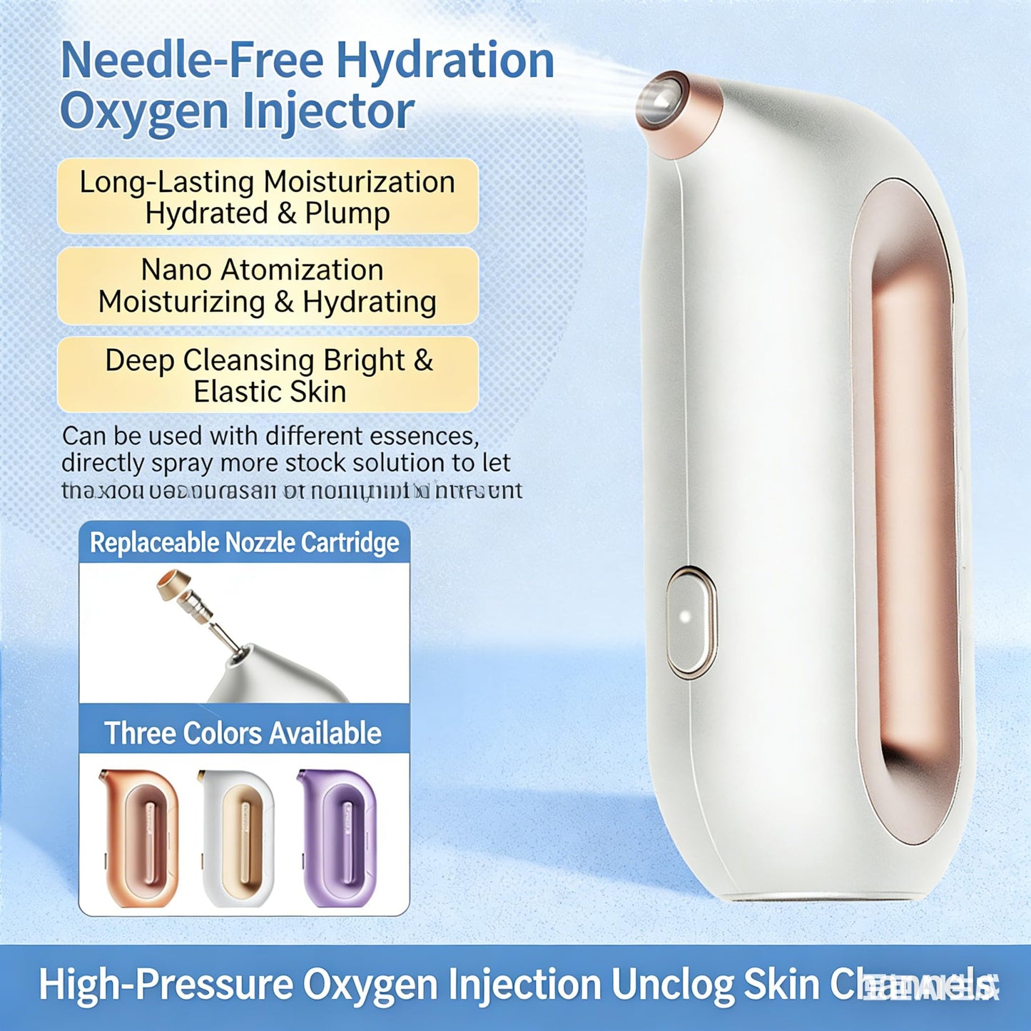 Handheld Needle-Free Oxygen Facial Machine, High Pressure Nano Mist Sprayer for at-Home Face Hydration and Brightening, White and Gold