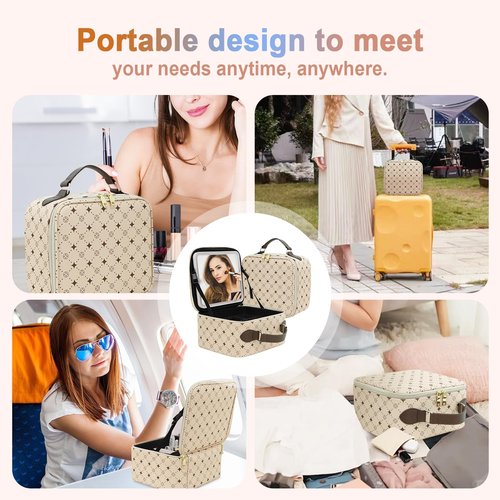 Travel Makeup Bag With 360° rotating LED Mirror,Waterproof cosmetic organizer,Portability Cosmetic case,Makeup organizer,Gift for Women,Girls Gift (Beige + Brown)