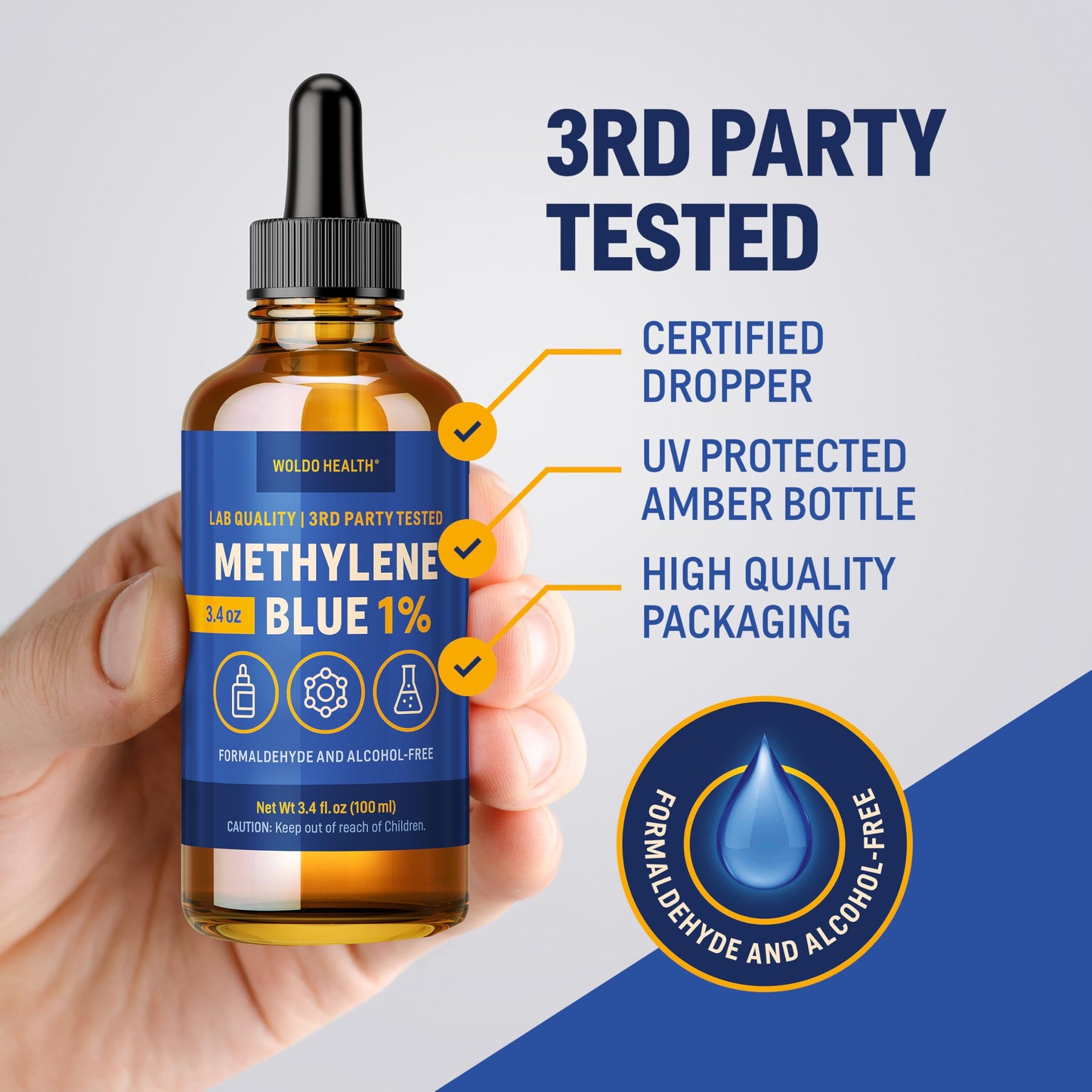 WoldoHealth Methylene Blue 1% Drops 3.4 Fl Oz - USP Pharmaceutical Grade, Azul de Metileno, High Purity, Third-Party Tested