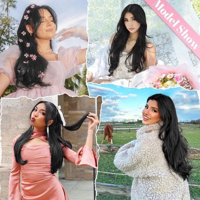 ALXNAN Clip in Hair Extensions, Black Hair Extensions Thick Long Stright Layered Hair Extensions 20 Inch Invisible Lace Weft Hair Extensions for Women