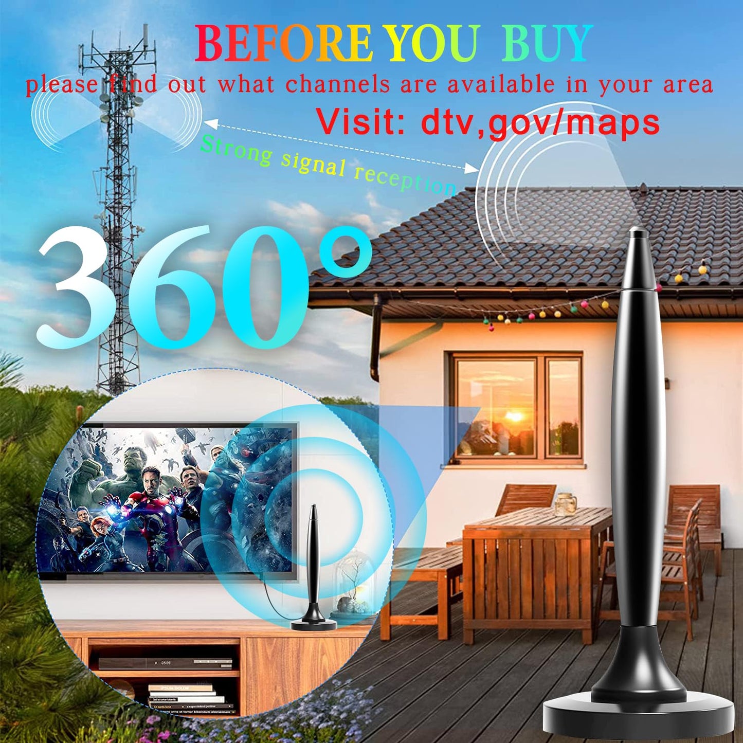 TV Antenna for Smart TV Indoor/Outdoor,Portable ATSC Freeview HDTV Antenna Long Range Reception for Local Channels 4K 8k 1080P, Easy Installation with Strong Magnetic Base All Tvs,14.5ft Coax Cable
