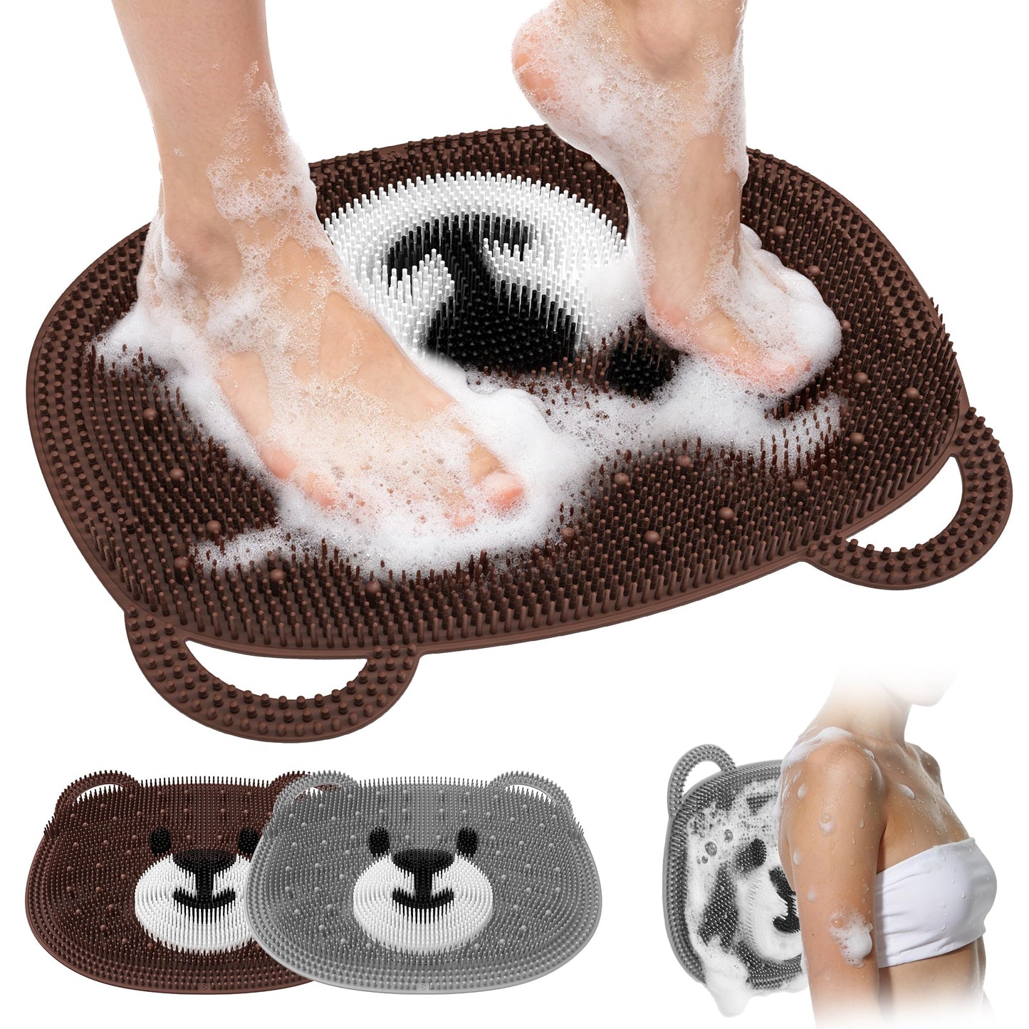 Foot Scrubber Mat in Shower 2 Pack, Vynusio Silicone Shower Foot & Back Scrubber Exfloating Cleaner Washer Pad Non-slip Suction Cups - Feet Massage Points Reflexology for Women Child 13*11" Cf& Grey