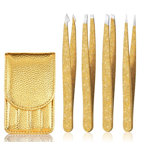 Amytor Eyebrow Tweezer Set, 4 Pcs Professional Stainless Steel Tweezers for Women, Precision Tweezer for Facial Hair, Splinter and Ingrown Hair Removal（Glod）