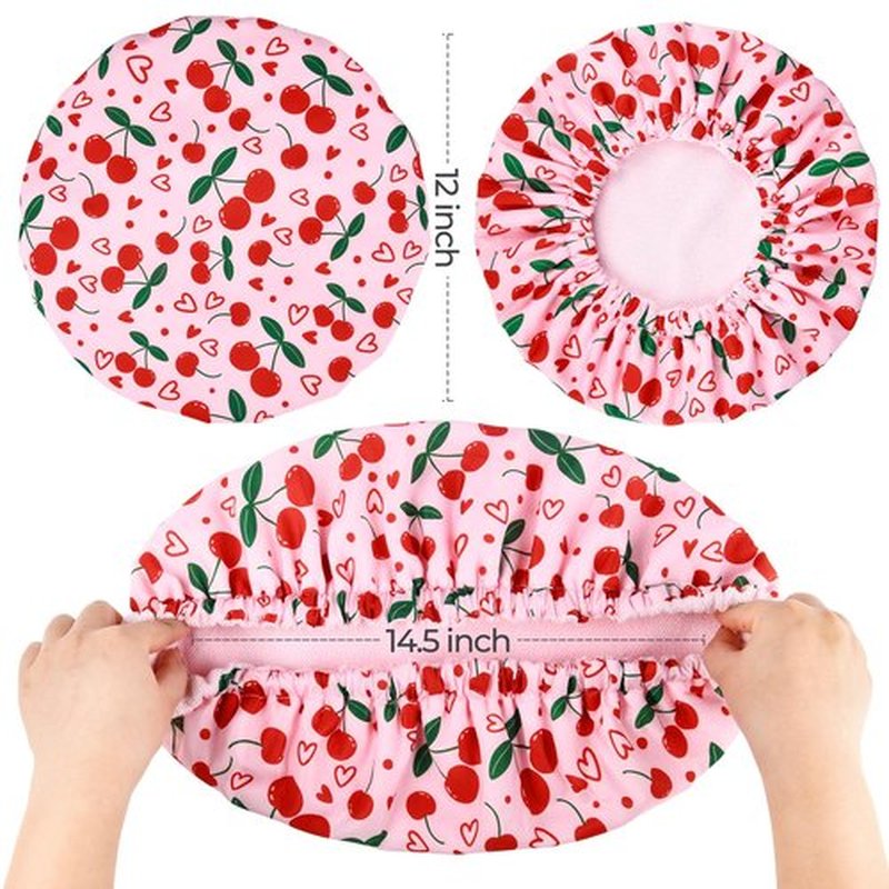 Shower Cap for Women Terry Lined Bath Cap Large Reusable Waterproof Elastic Band Pink Cherry Shower Caps for Long Thick Hair Soft Bath Shower Hair Caps