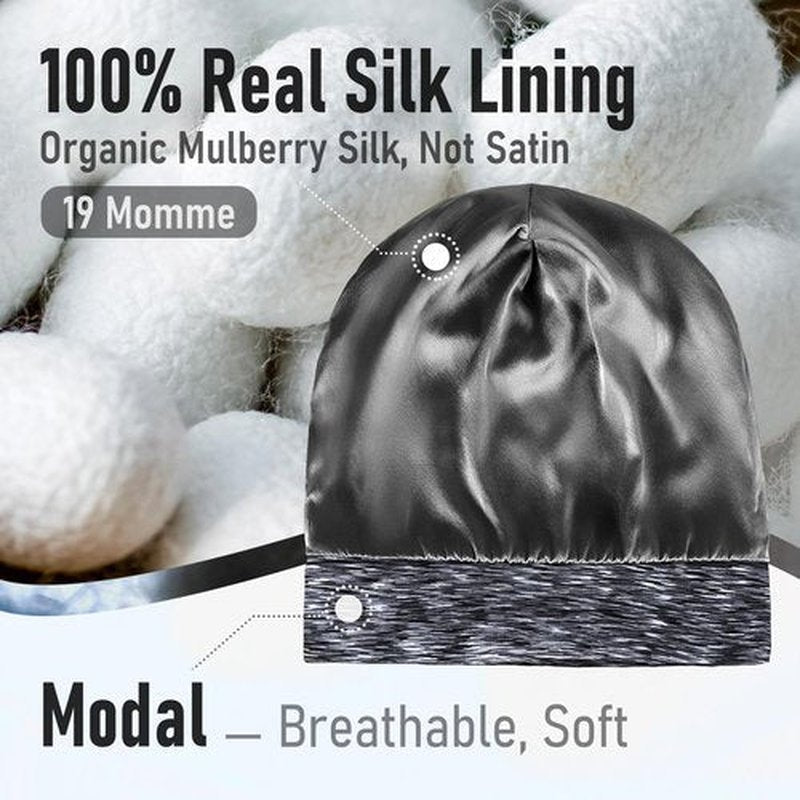 SOLZEK Bonnet for Sleeping Real Silk Hair Wrap with Adjustable Strap Easy to Wear Night Cap Anti Frizz Double Layered 1Pcs (Black Heather)