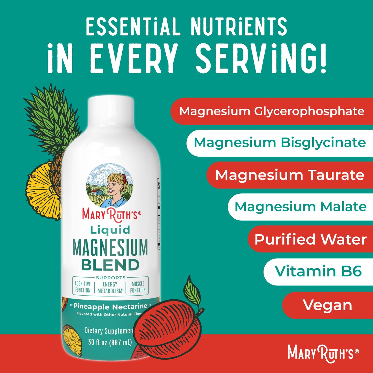 Liquid Magnesium Supplement by MaryRuth's | Magnesium Complex with Magnesium Glycerophosphate + Magnesium Bisglycinate + Taurate + Malate | Ages 4+ | Cognitive Function | Bone Health | Vegan | 30oz