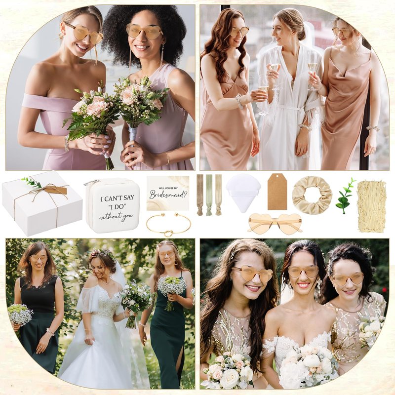 Fingertip WD 81 Pcs Bridesmaid Proposal Gift Jewelry Box Including Bridesmaid Bridal Hairband Sunglasses Powder Puff Bridesmaid Cards Gift Box for Wedding Champagne