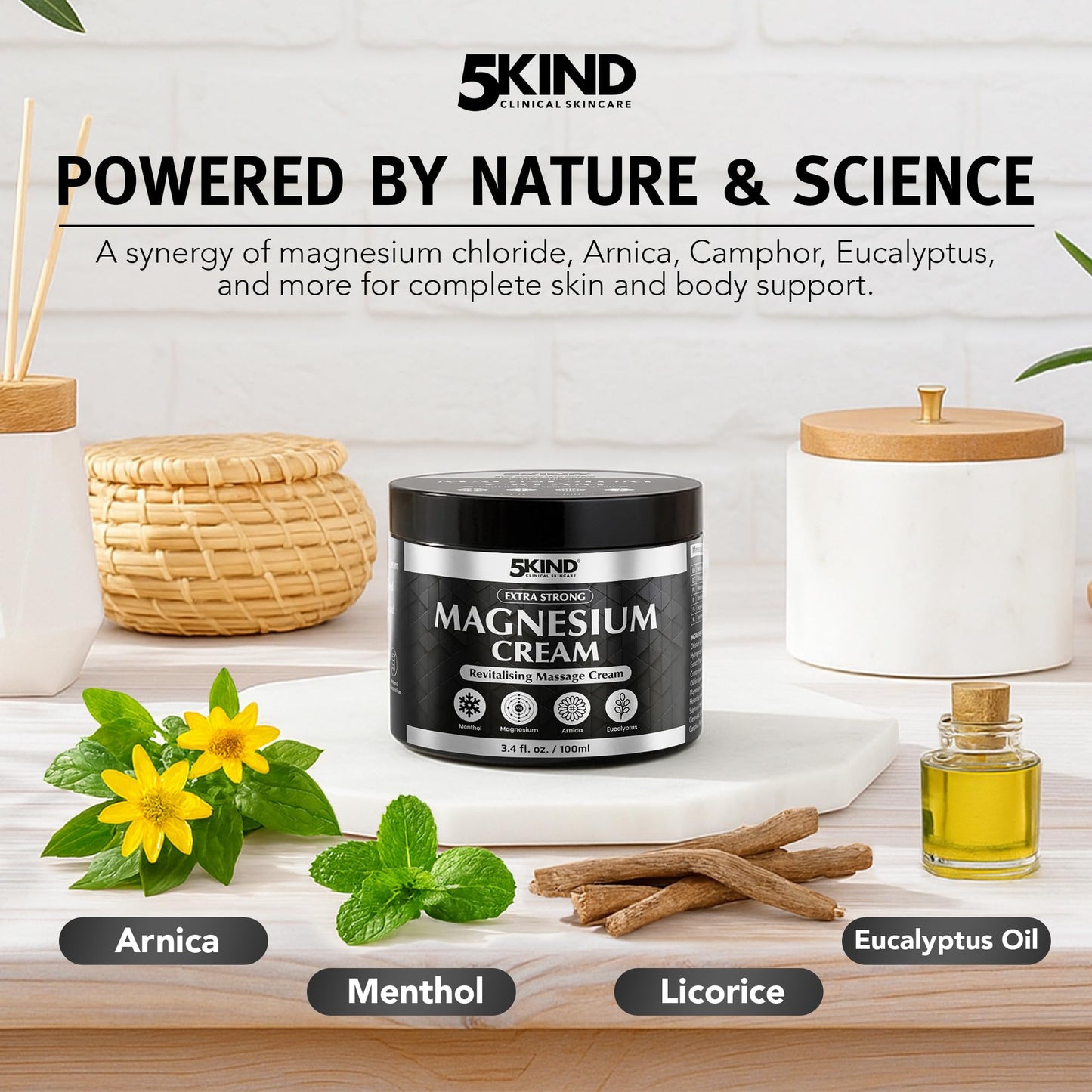 5Kind Extra Strong Magnesium Cream 3.4 fl oz - Magnesium Rub for Muscles, Joints, Lower Back, Knee, Neck, Shoulder, Hip & Feet - Infused with Arnica, Eucalyptus, Comfrey, Menthol & Hemp Oil