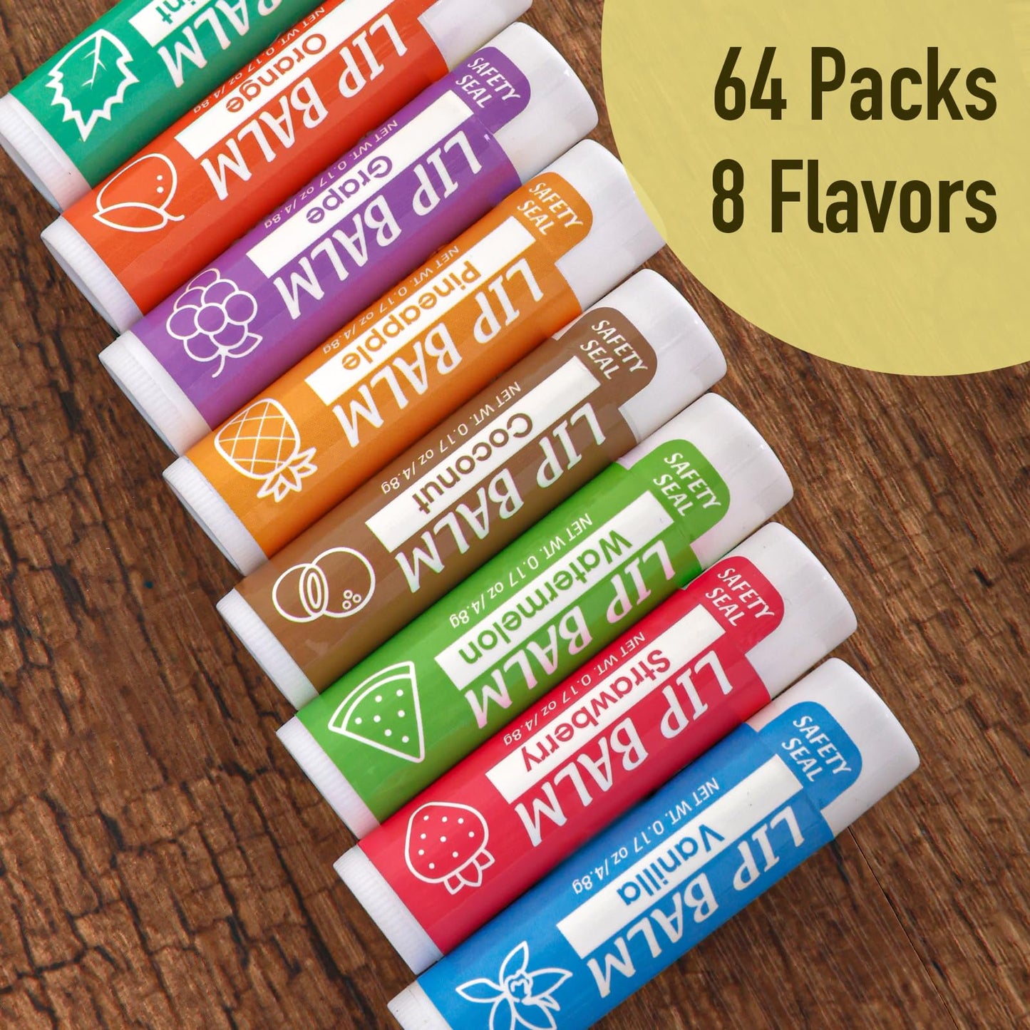 YesBes 64 Pack Lip Balm, Natural Lip Balm Bulk with Vitamin E and Coconut Oil, Moisturizing Lip Balms for Dry Cracked Lips, Lip Balms for Mothers Day Gifts Stocking Stuffers - 8 Flavors