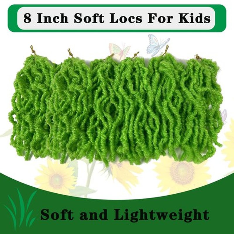 Green Soft Locs 8 Inch New Faux Locs Crochet Hair 6 Packs for Kids, Curly Wavy Pre-looped Short Goddess Locs Crochet Hair Extensions Natural Wave Braids for Black Women(8Inch, 6Packs)