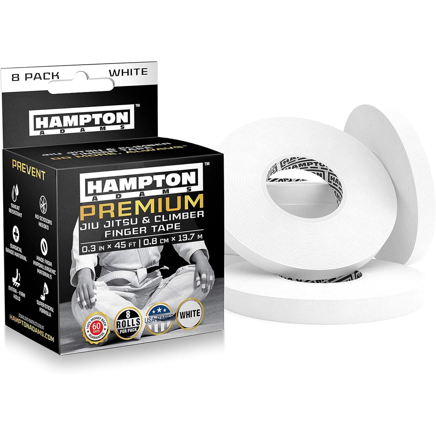 Hampton Adams | As Seen on Shark Tank | Pro Finger Tape (8-Pack) | for BJJ Bouldering Crossfit Weightlift | Non-Slip Extreme Quality No-Fray Climbing Tape | Extended Wear Super Strong Adhesive (White)