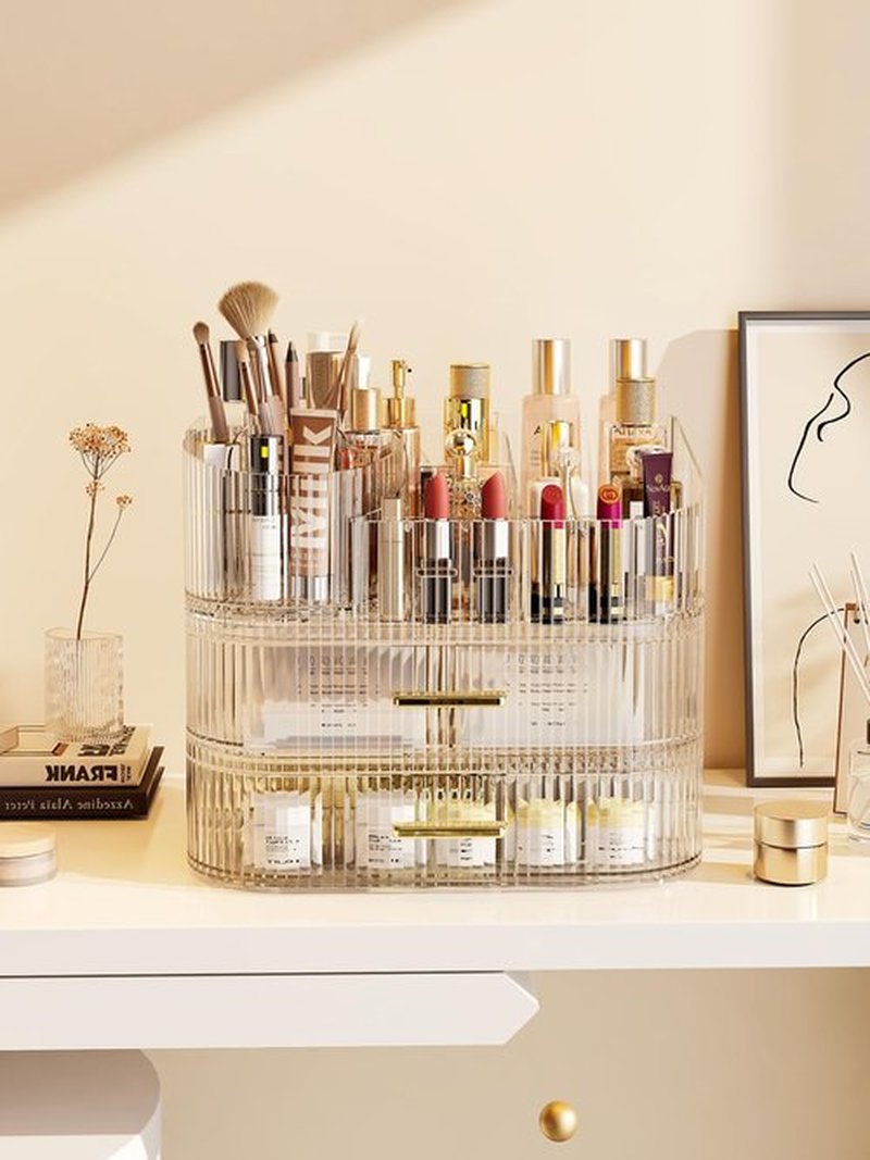 MIUOPUR Makeup Organizer with Rotating Makeup Brush Holder, Stackable Drawers for Bathroom Organizers and Storage, Make up Organizers for Vanity, Great for Cosmetics, skincare, Lipsticks -Clear