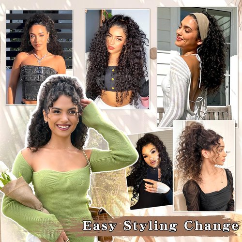 SHNMIN Ponytail Extension, Curly Drawstring Ponytail Extension for Women 18 Inch Curly Wavy Ponytail Yaki Textured Natural Fluffy Synthetic Hairpiece for Daily Use