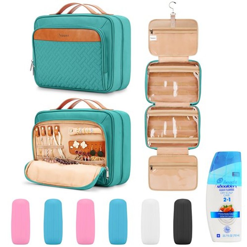 Travel Hanging Toiletry Bag for Women, Large Makeup Bag 8 Leak Proofing Silicone Bottle Covers, Waterproof Cosmetic Bag with Jewelry Organizer Compartment, Toiletries Kit Set, Blue