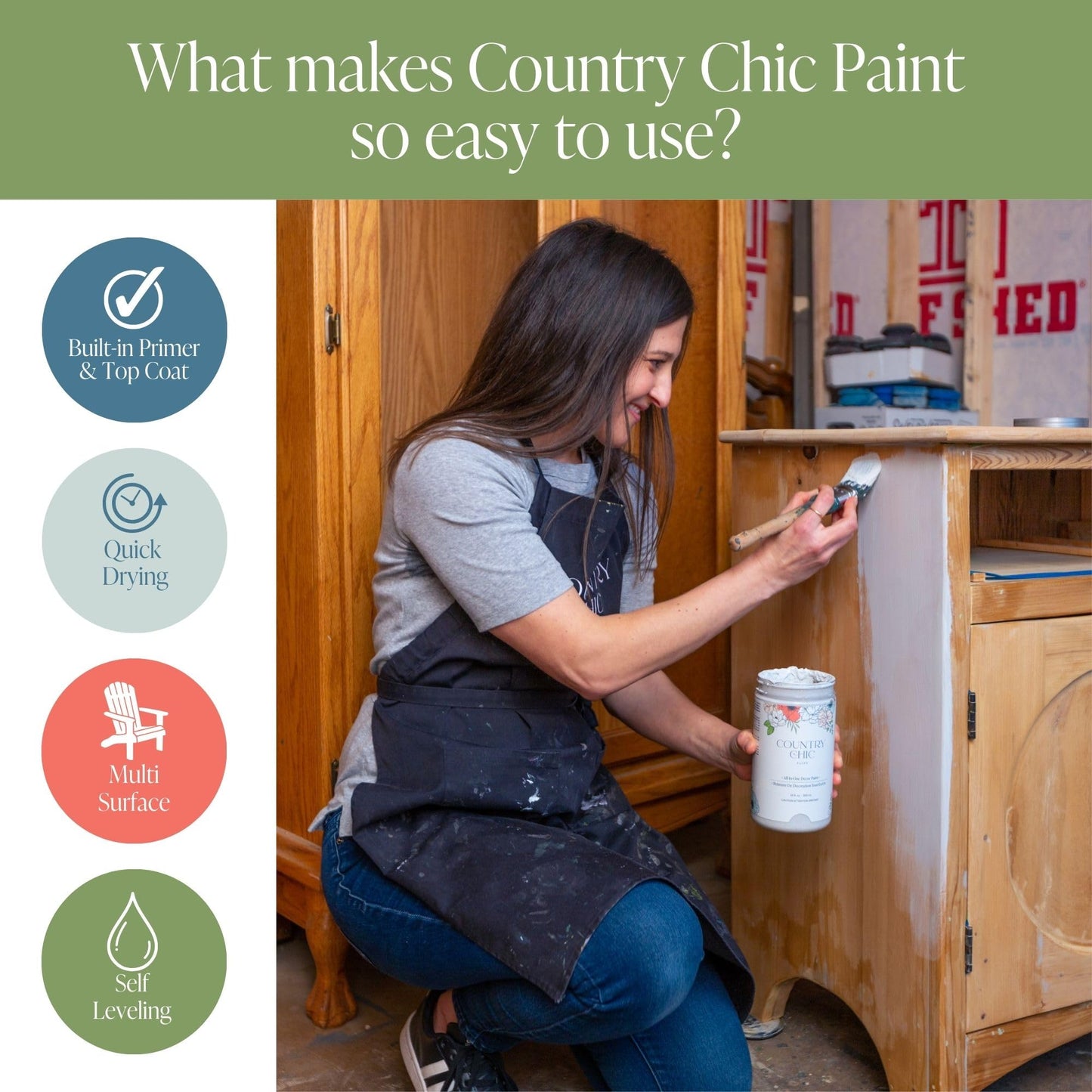 Country Chic All-in-One Chalk Paint for Furniture, Cabinets, Home Decor, Eco-Friendly, Matte Finish, Built-In Primer & Top Coat for Wood, Metal - Driftwood (Brown) - Quart 32 oz (950 ml)