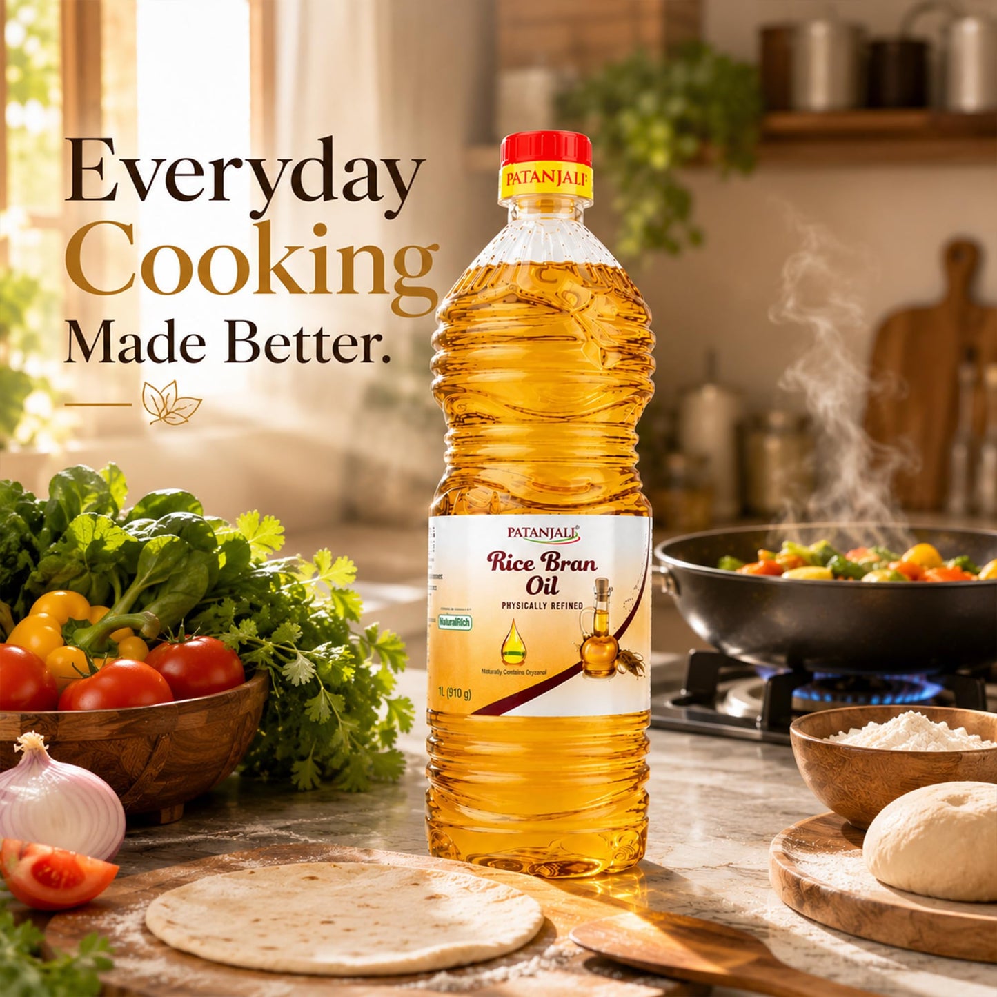 Patanjali Rice Bran Oil, 1 Liter (33.82 fl oz) – Refined Cooking Oil for Everyday Indian & Asian Cooking, Neutral Flavor