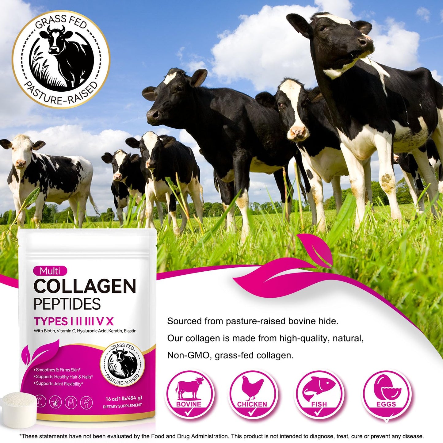 AEBEFBAW Multi Collagen Peptides Powder | Types I, II, III, V, X | 16 Oz (41 Servings) Hydrolyzed Collagen Peptides | Supports Healthy Skin, Joints, Hair, and Nails | Unflavored & Dissolves Easily