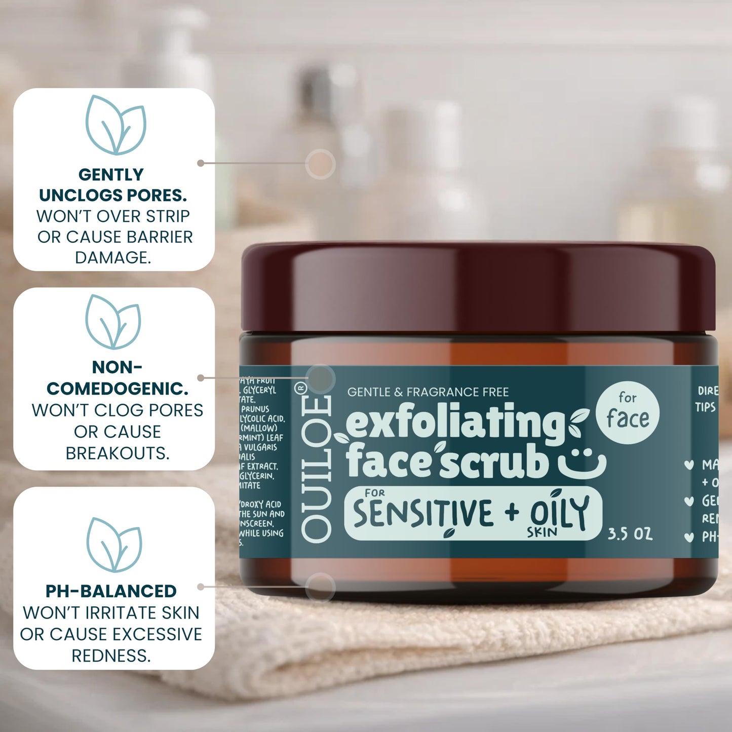 Non Irritating Facial Scrub Exfoliator for Sensitive and Oily Skin - Unscented Face Scrub Exfoliator - Safe for Acne Prone Skin - Gentle, Non Comedogenic, pH Balanced, 3.52 oz by Ouiloe