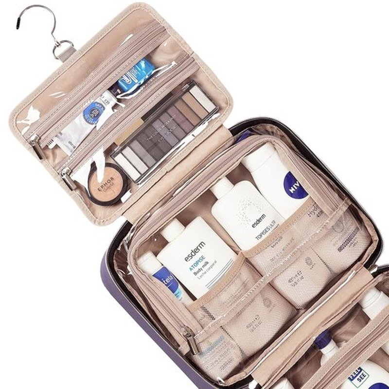 NISHEL Travel Toiletry Bag for women, Portable Hanging Organizer for Full-Sized Shampoo, Conditioner, Brushes Set, Makeup Accessories, Large Size, Purple