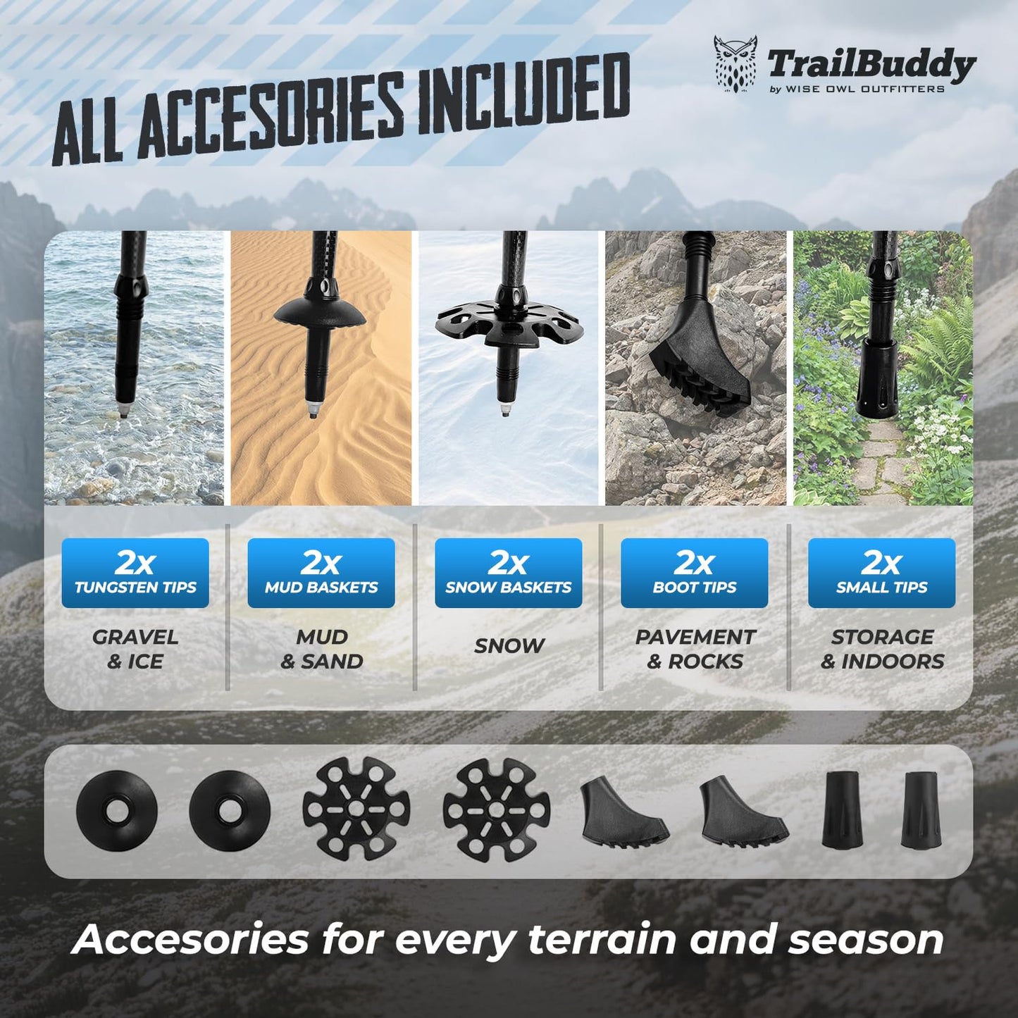 TrailBuddy 3K Carbon Fiber Hiking Poles - Collapsible Lightweight Trekking Poles for Hiking - Adjustable Walking Sticks for Women, Men, Seniors with All-Terrain Tips, Baskets & EVA Grips