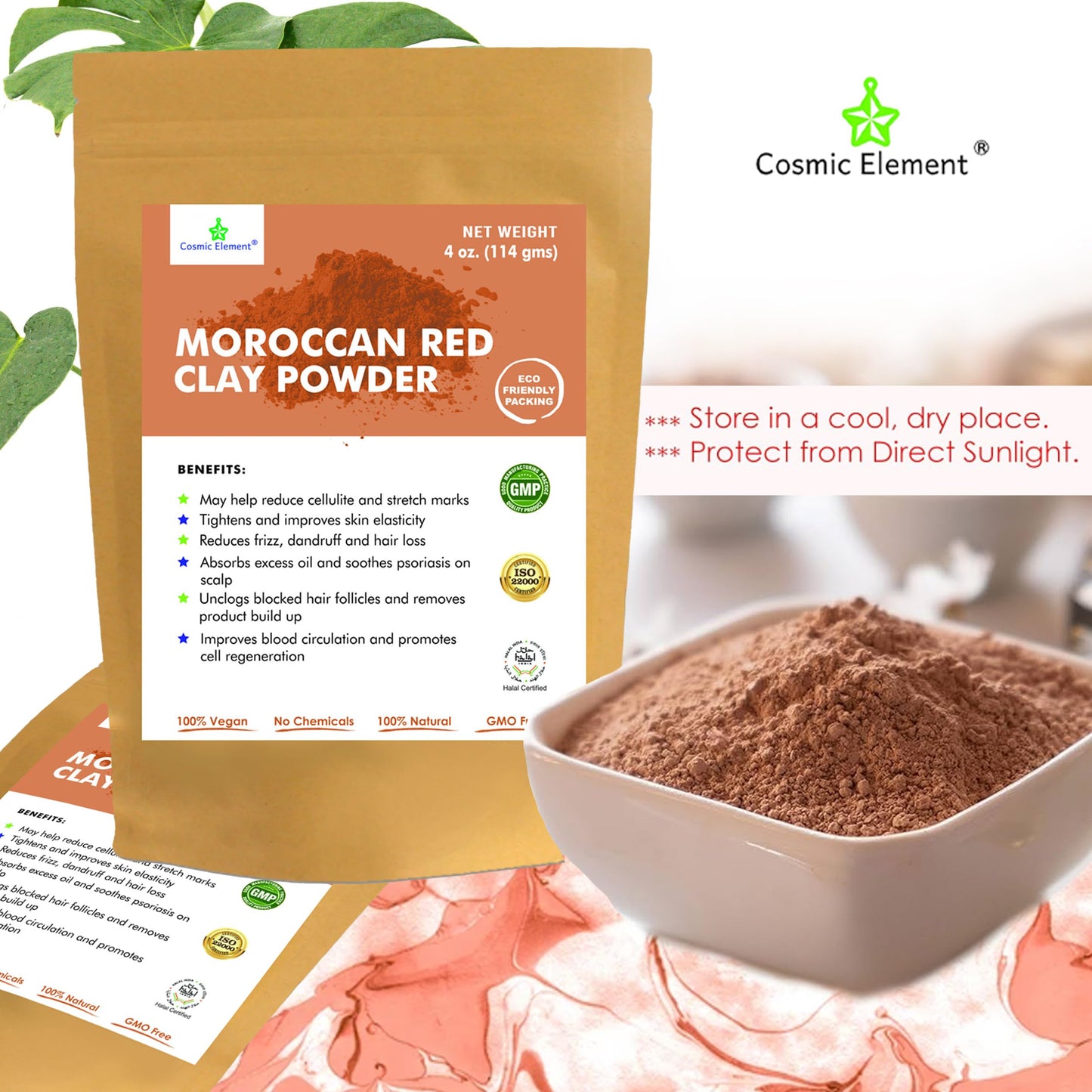 Cosmic Element Moroccan Red Clay Powder - Red Clay Powder for Skin | Suitable for Face, Body Wraps & Hair Care | Clay Mask for Face | Red Clay Masks, Wraps, Scrubs, Soaps, Bath Bombs & Detox – 4 oz