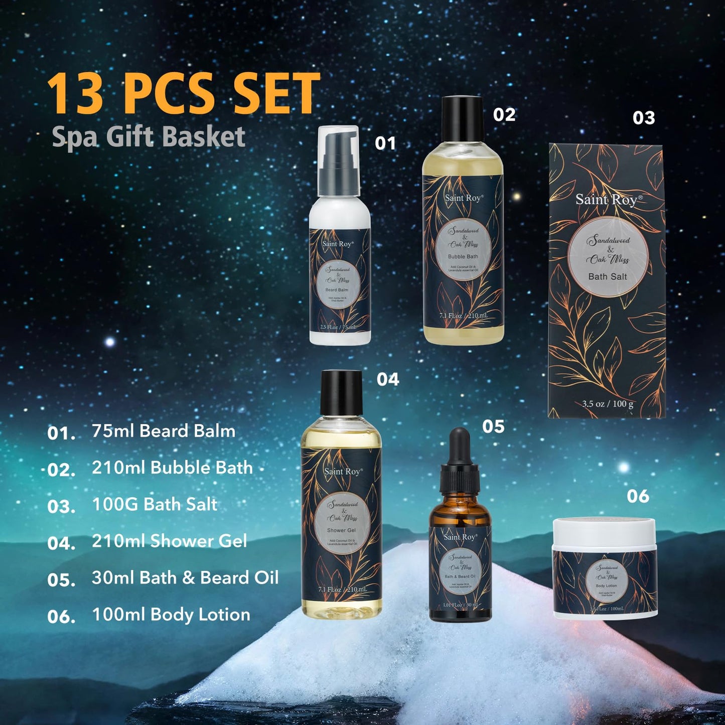 15 Pcs Sandalwood Oak Moss Gift Baskets for Men, Bath & Body Gift Set for Man, Father's Day Gifts, Beard Grooming, Home Spa & Self Care Gift Basket, Christmas, Birthday, Dad, Husband, Boyfriend