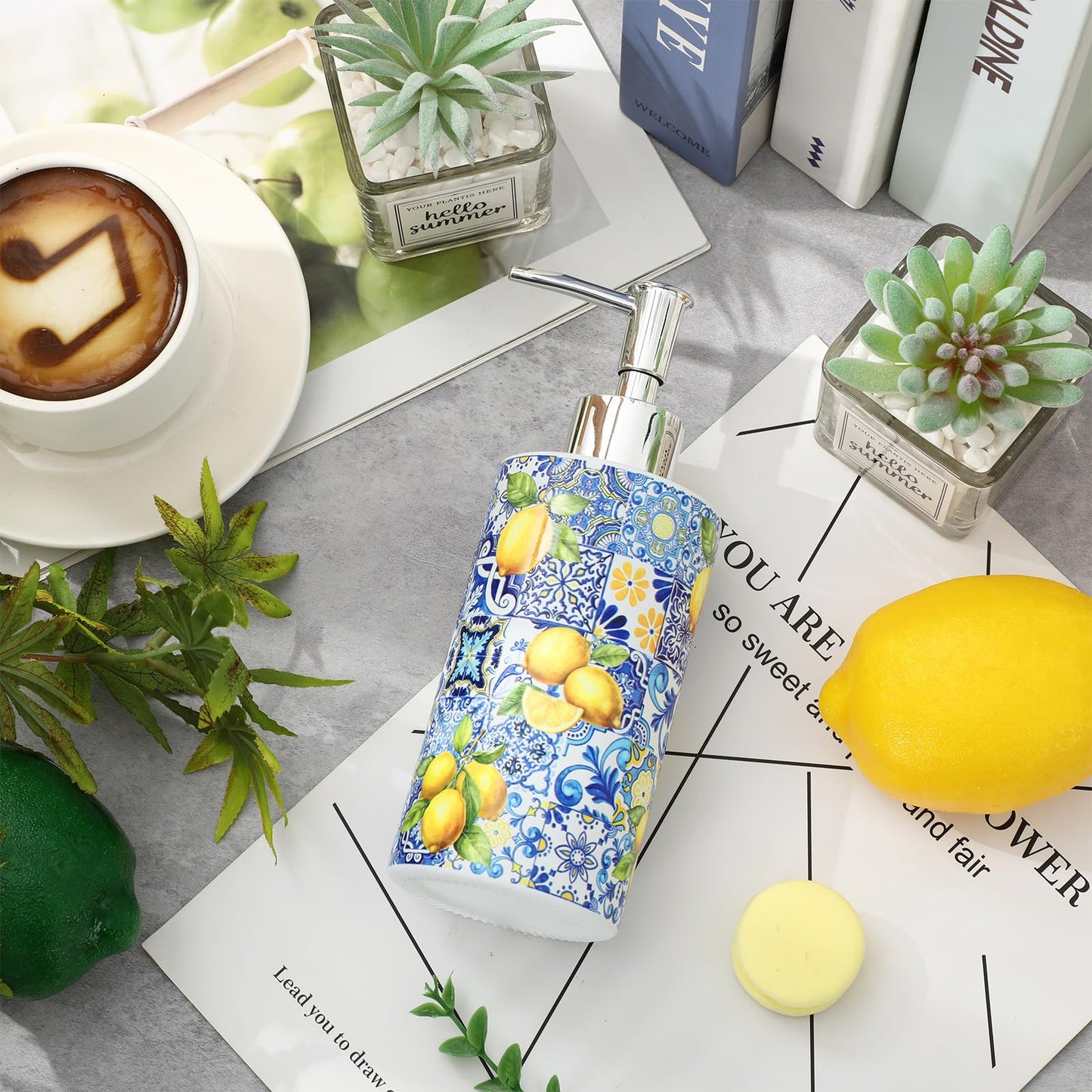 JarThenaAMCS Capri Lemon Soap Dispenser Blue Tile Yellow Lemon Glass Dispenser with Pump Refillable Liquid Soap Container for Summer Home Kitchen Bathroom Countertop