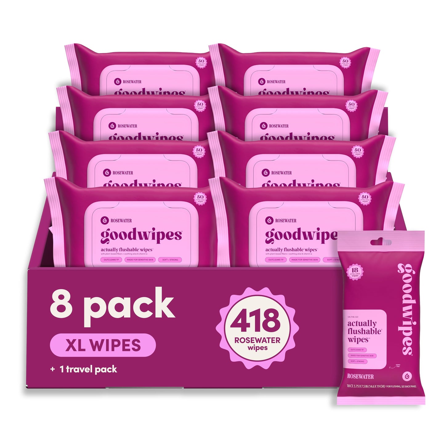 goodwipes Flushable Wipes Bulk Pack, Rosewater Adult Wet Wipes for Women & Men, Sewer & Septic Safe, Toilet & Bathroom Essentials, Extra Large, 418 Count (8 Packs and 1 Travel Pack)