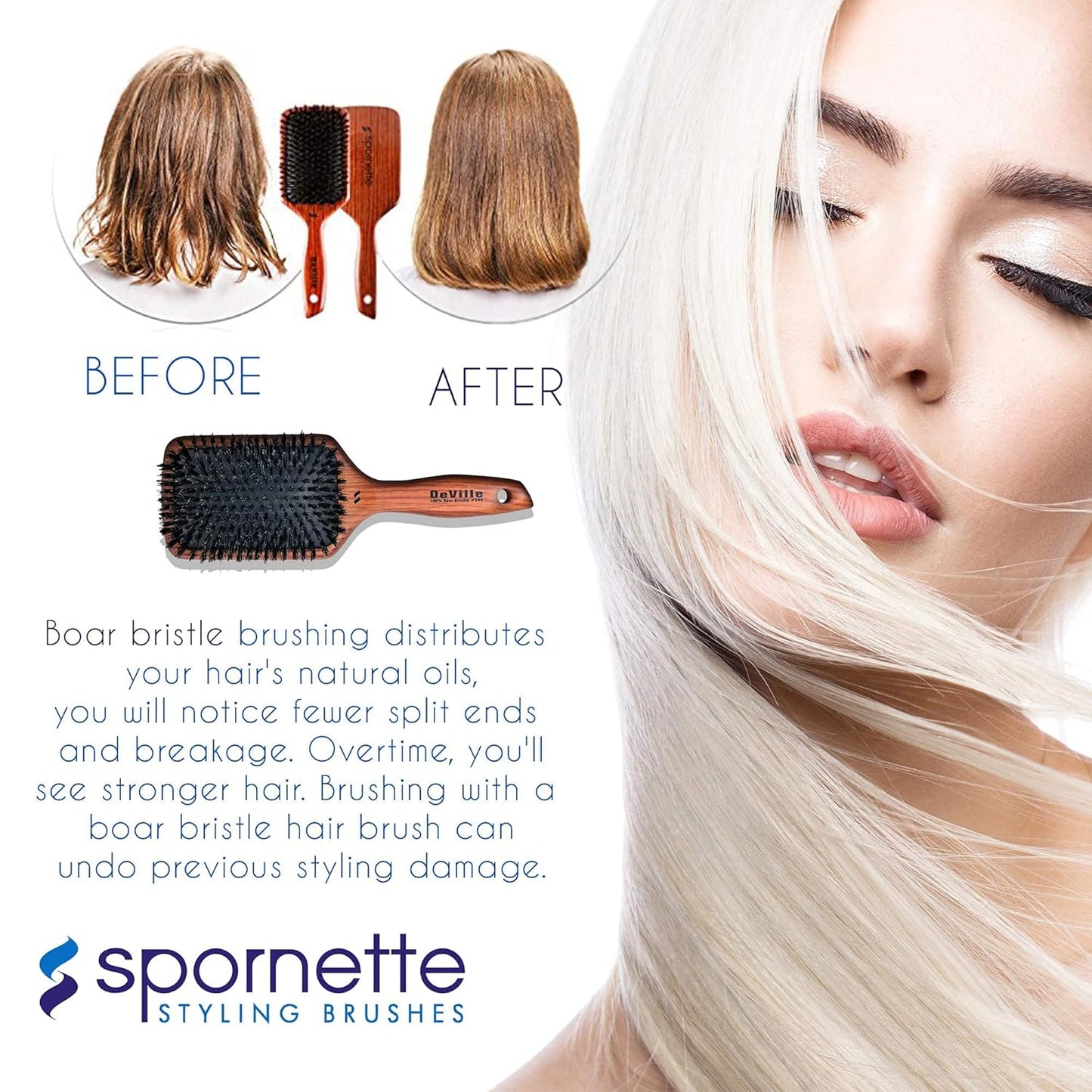Spornette Deville Boar Bristle Paddle Brush - Wooden Handle for Smoothing & Detangling All Hair Types