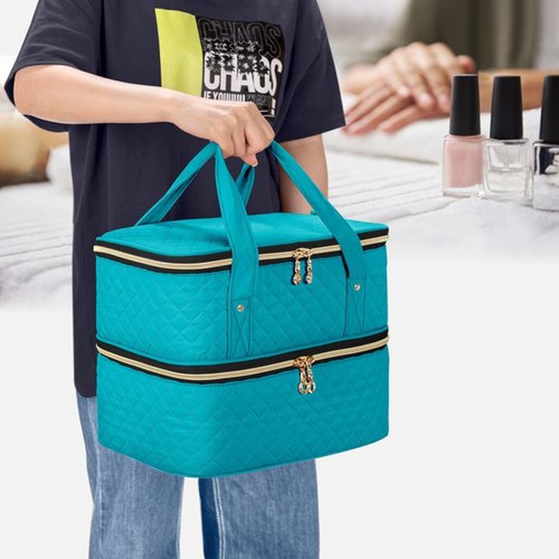 Yarwo Nail Polish Organizer Case Holds 50 Bottles(15ml/0.5 fl.oz) and Nail Lamp, Double Layers Nail Polish Bag with Adjustable Dividers for Nail Art Tools, Teal (Bag Only, Patent Design)